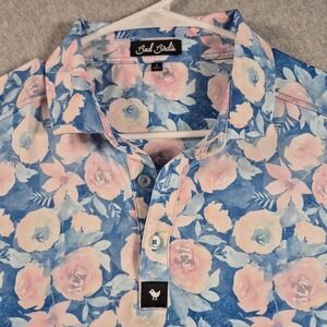 Bad Birdie Coachella Polo Mens Large Stretch Pink Blue Floral Shirt Performance